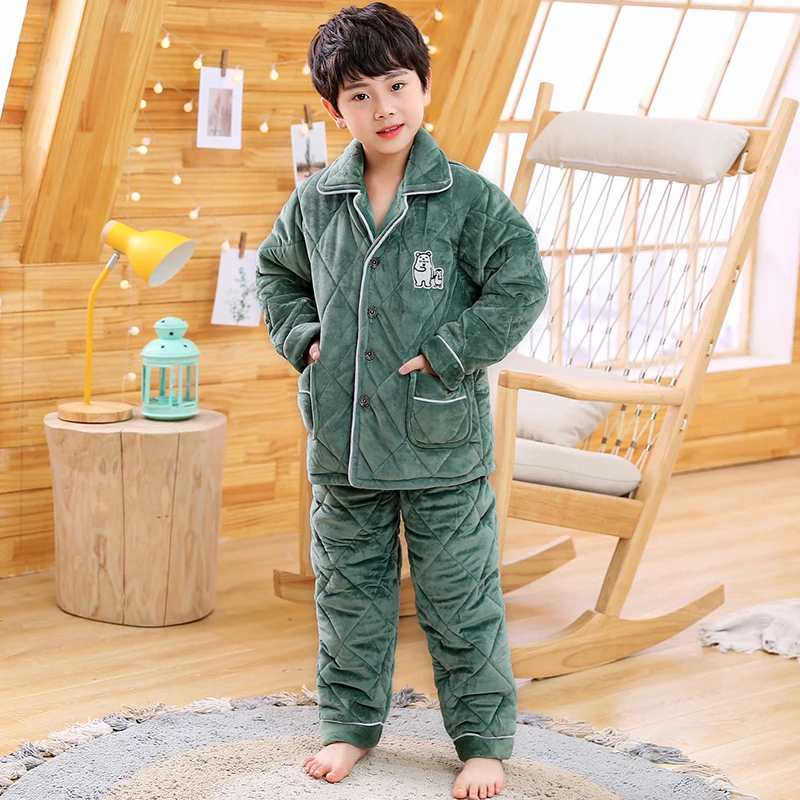 小中大童加绒加厚款睡衣水晶绒男童女童宝宝连帽长袖家居服法兰绒