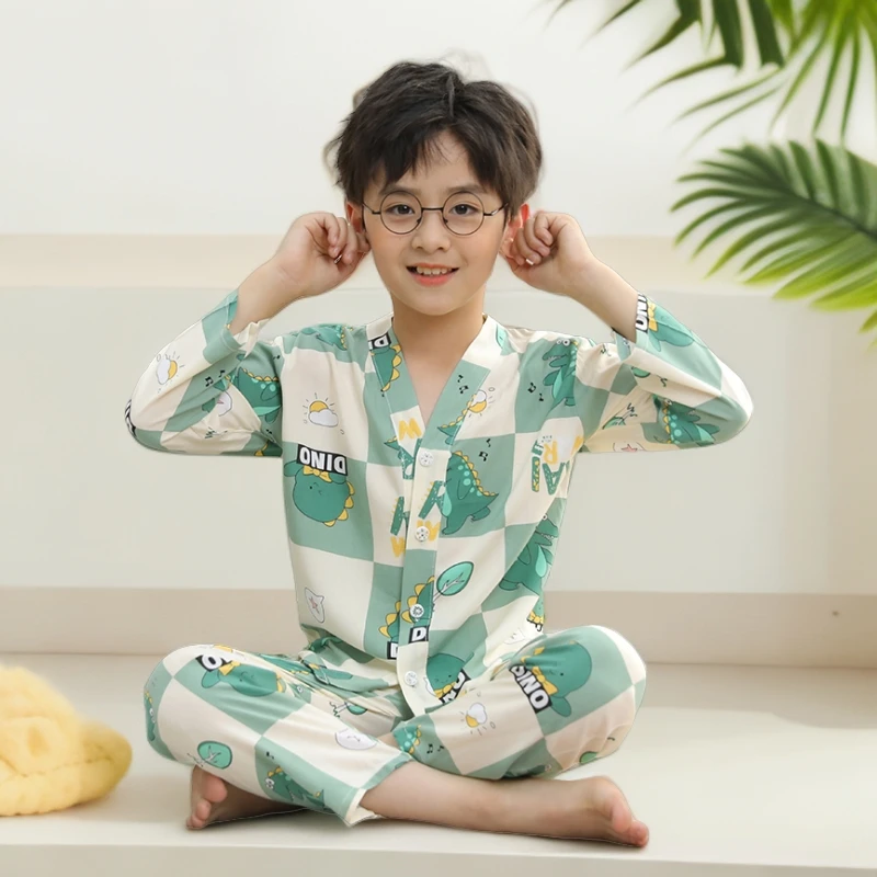 夏季儿童空调服特惠卡通长袖绵绸睡衣男孩女孩舒适透气家居服套装