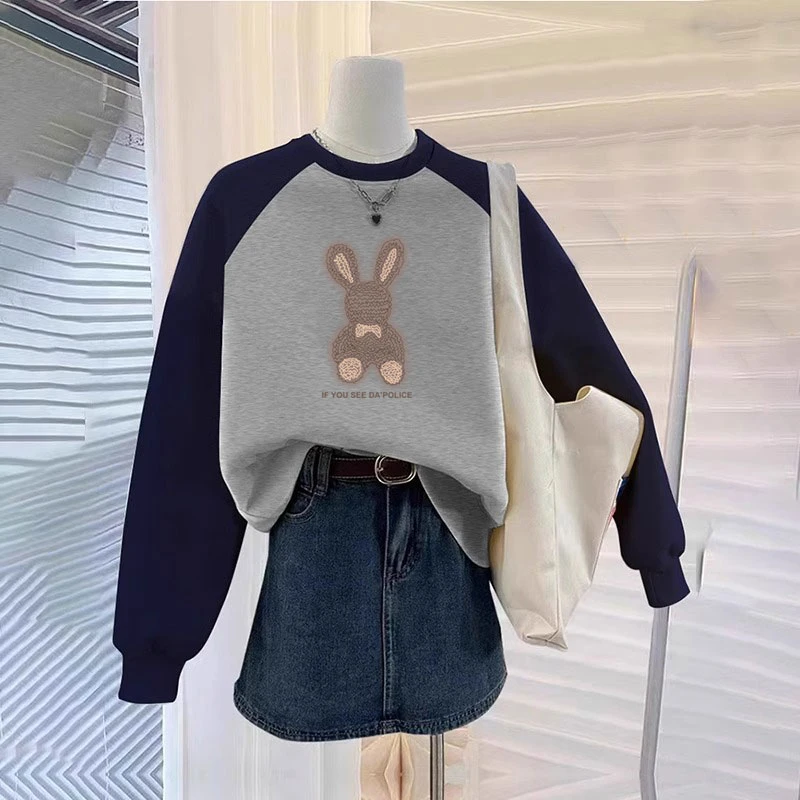 美式撞色插肩袖圆领卫衣女2024秋冬新款欧货大版宽松显瘦外套上衣