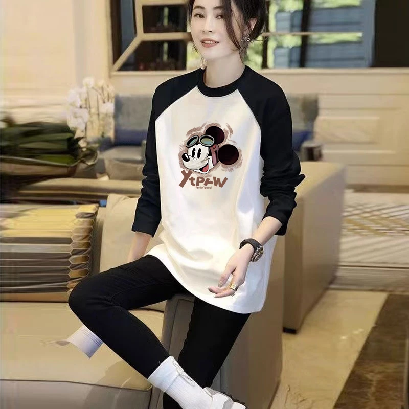 插肩拼接小个子长袖t恤女中长款纯棉秋冬2025新款撞色打底衫上衣