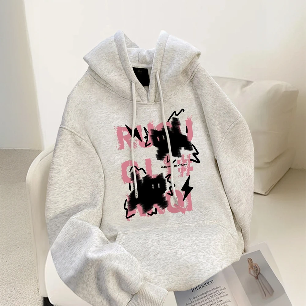 猫咪连帽卫衣女2025新款爆款白灰色宽松显瘦上衣秋冬加绒外套帽衫