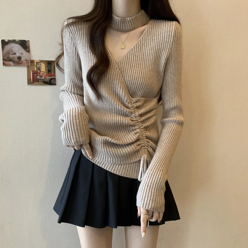 大码抽绳不规则v领挂脖镂空长袖针织打底衫女胖mm遮肚子显瘦毛衣