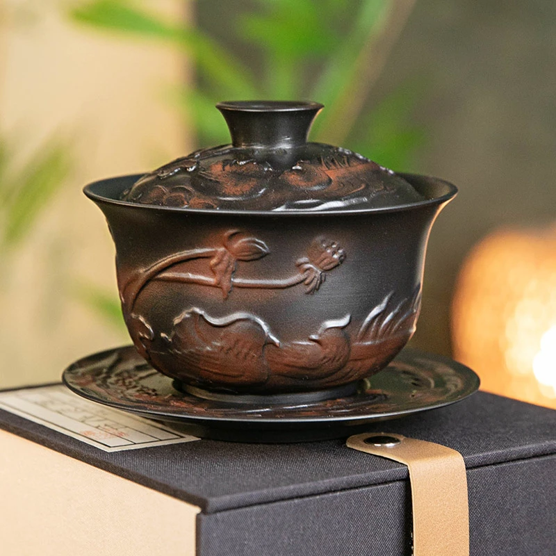 紫陶三才盖碗单个云南建水功夫茶具鸳鸯荷韵泡茶茶壶家用茶杯套装