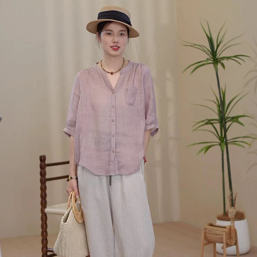 【100%苎麻】2025V领中袖衬衫文艺气质纯色衬衣百搭时尚洋气7066