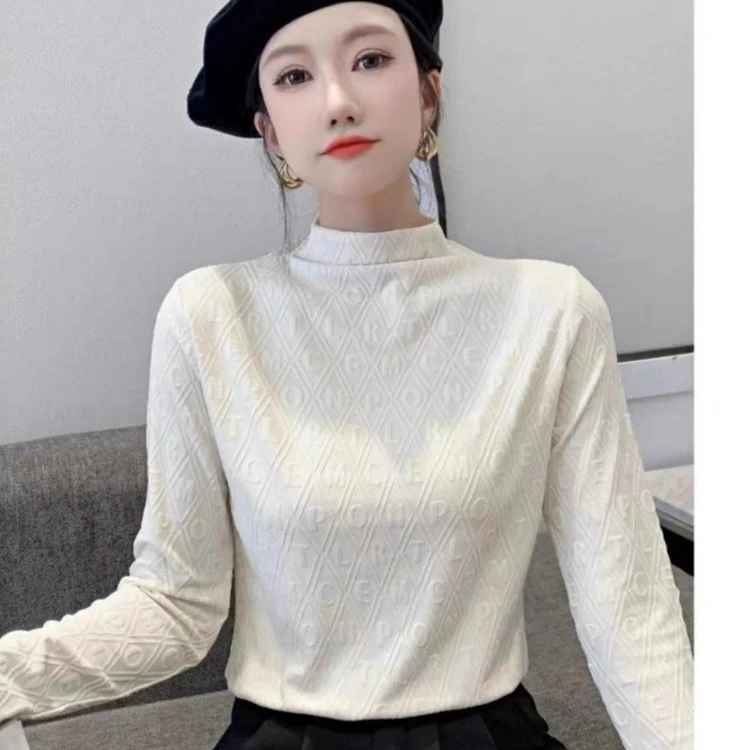 纯色立体提花图案内搭针织衫女2023秋冬新款长袖打底衫半高领上衣