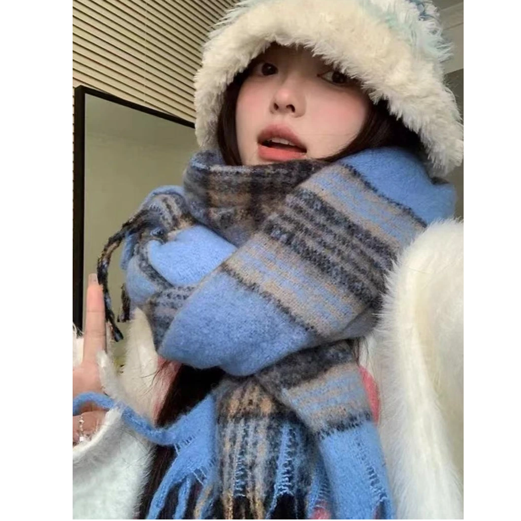 2024新款学生甜美红绿格子围巾秋冬加厚保暖百搭长款氛围感围脖