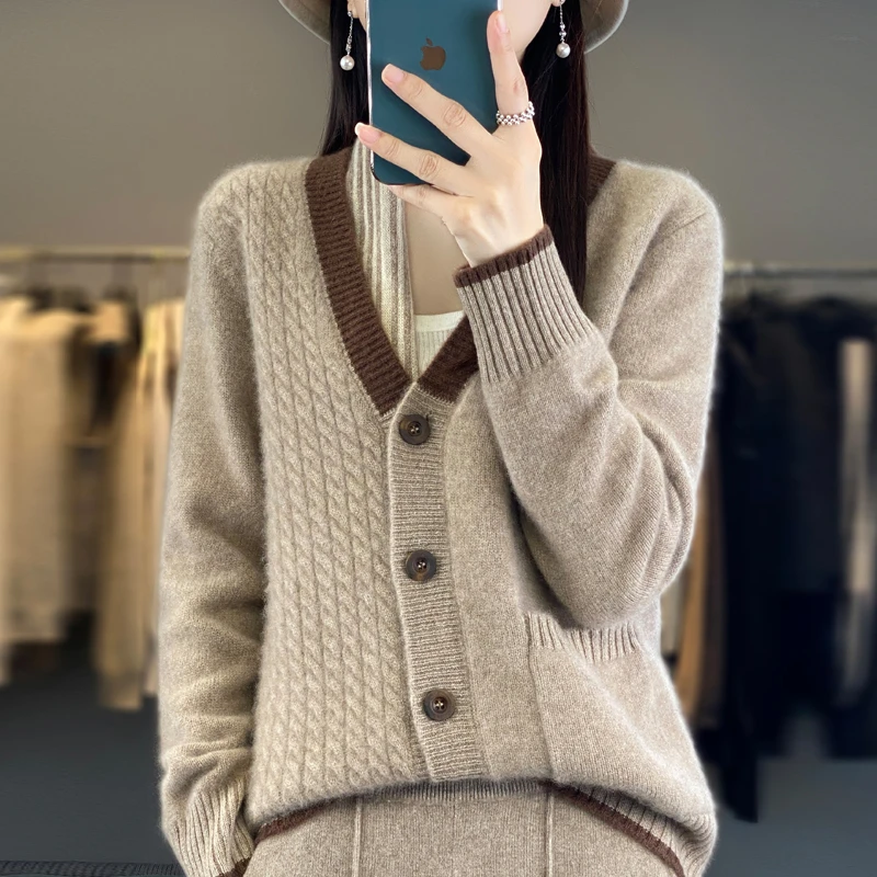 韩版复古拼色羊毛衫女秋冬百搭V领羊毛针织外套宽松休闲毛衣开衫