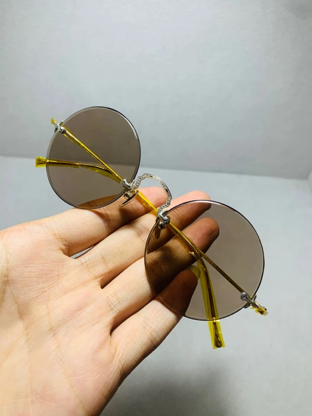 纯天然水晶石眼镜复古石头镜圆形S800银架镜腿太阳镜遮阳茶色无框