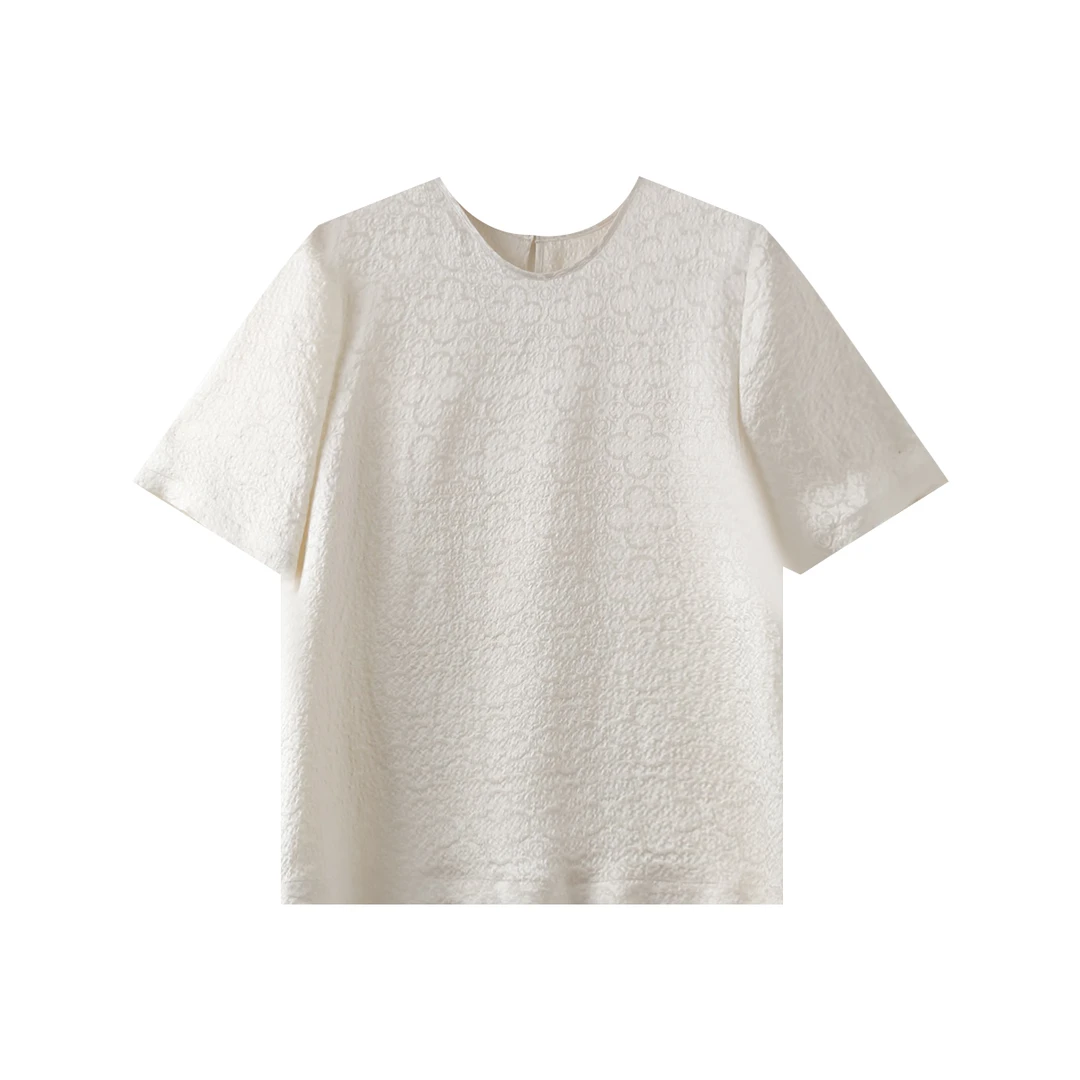 新款桑蚕丝衬衫YJHY-622380白色休闲夏季半袖宽松纯色圆领时尚