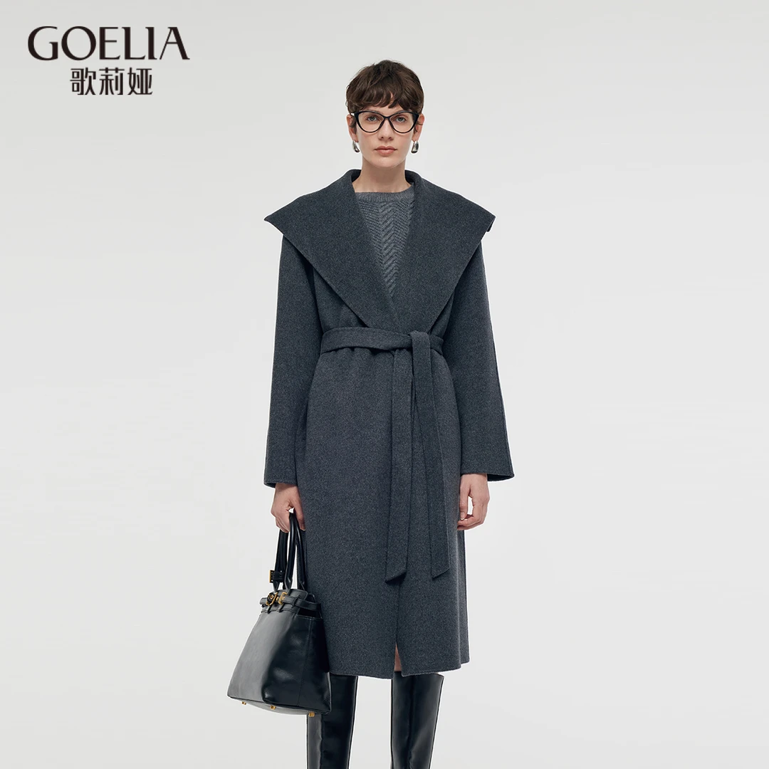 【100%纯羊毛】歌莉娅 冬季新品 绵羊毛双面呢翻领大衣 1CNC6N390
