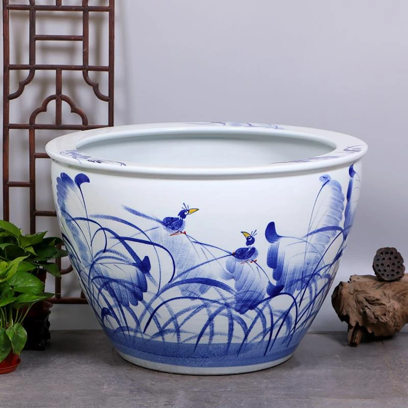 景德镇陶瓷荷花睡莲养金鱼缸青花大号专用水盆客厅阳台庭院招财缸