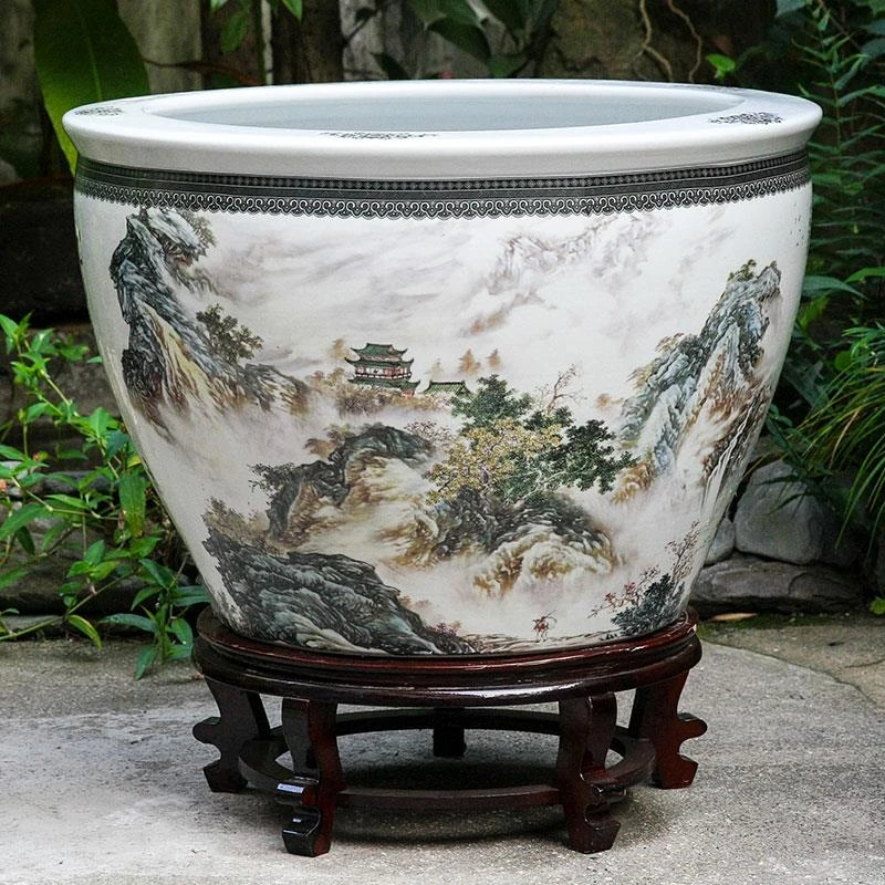 景德镇陶瓷荷花睡莲养金鱼缸青花大号专用水盆客厅阳台庭院招财缸