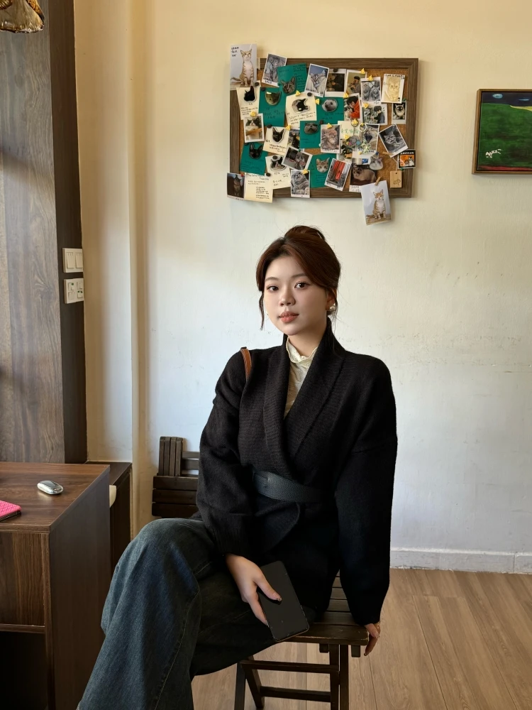 【冬日恋曲】秋冬高级感V领开衫毛衣外套女宽松显瘦系腰带针织上衣