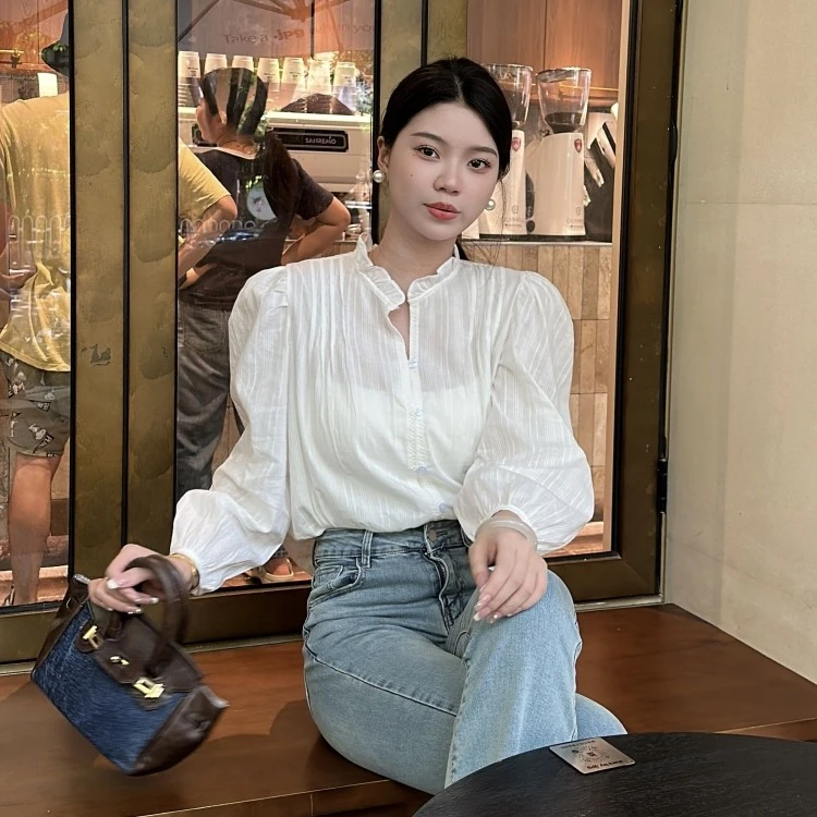 小清新木耳边甜美法式白色衬衫女2025早秋新款韩版开衫上衣