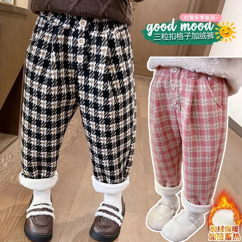 小女孩秋冬裤子2023新款洋气格子一体绒加厚女童冬季外穿休闲长裤