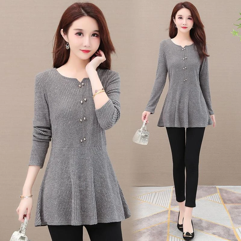 长袖妈妈装洋气上衣2023春秋新款中长款修身显瘦遮肚子时尚打底衫