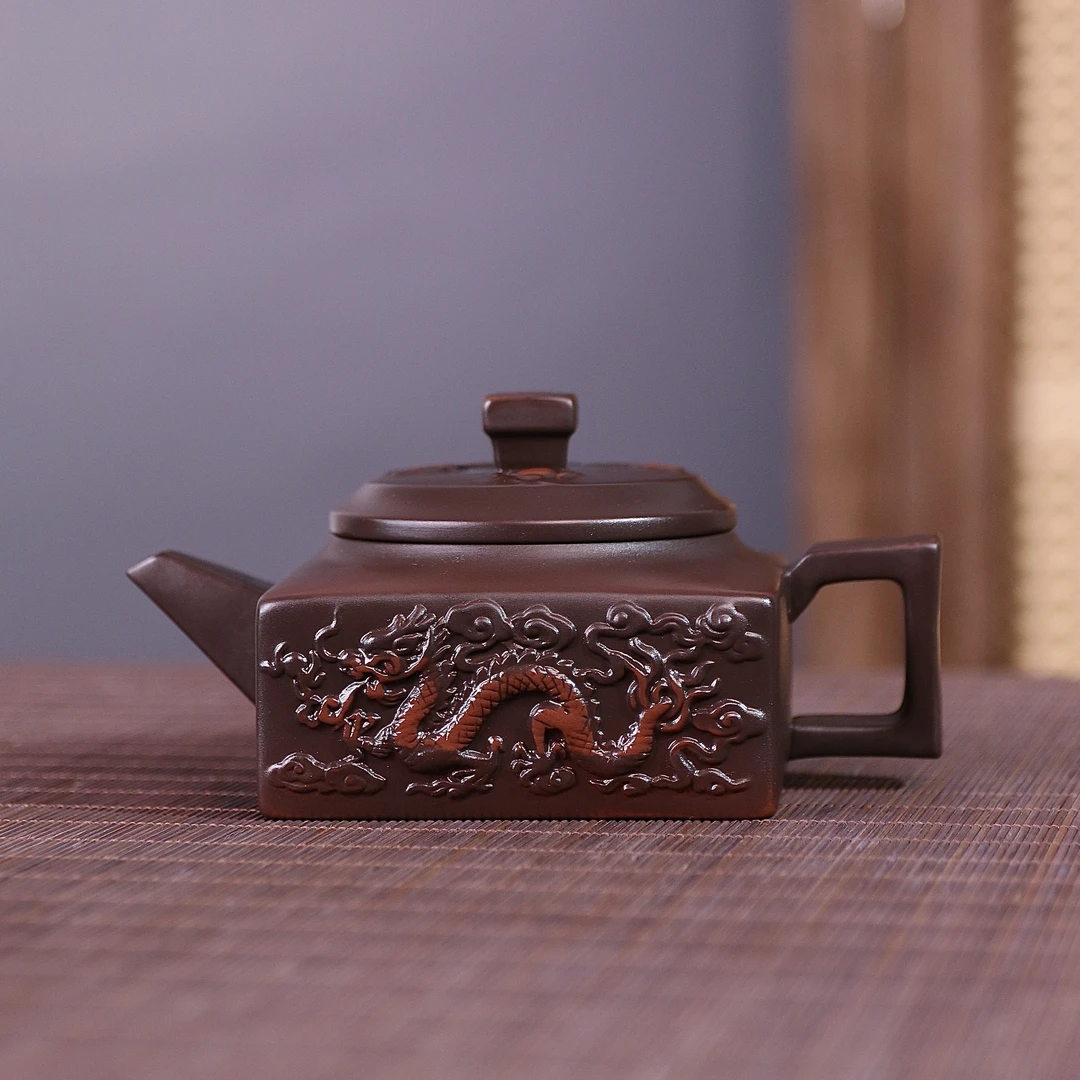 紫陶满雕双龙四方壶大容量中式纯手工泡茶壶复古陶瓷紫砂S