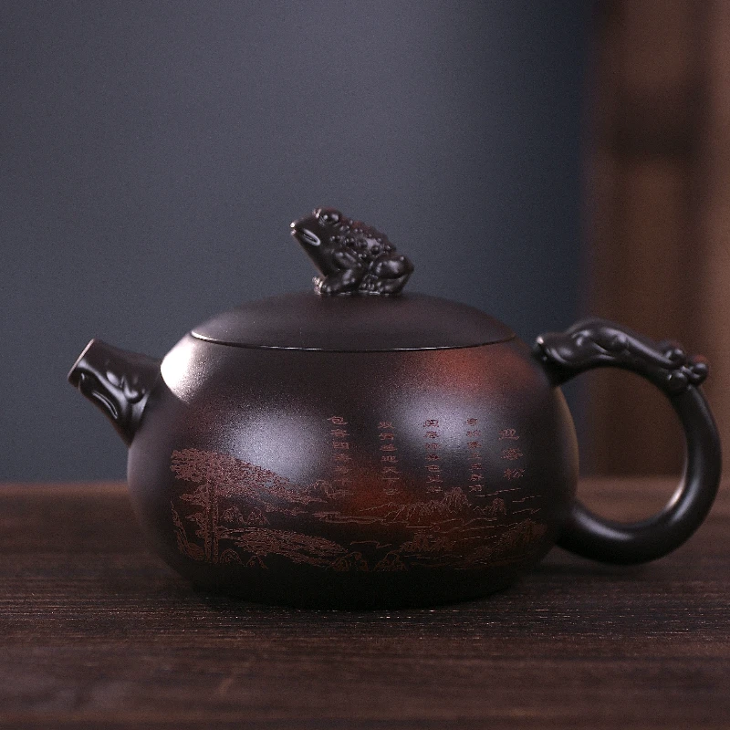 紫陶迎客松金蟾凤鸣壶大容量家用中式纯手工泡茶壶复古大号紫砂壶
