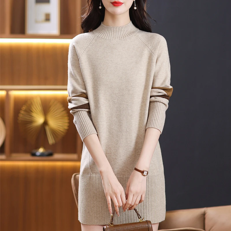 2023新款毛衣裙女秋冬款羊毛衫中长款针织撞色连衣裙半高领套头衫