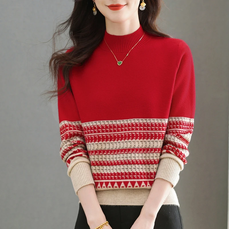 针织衫洋气针织时尚百搭女士宽松半高领秋冬条纹加厚圆领韩版冬季