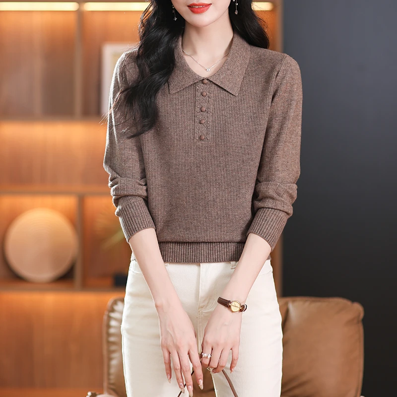 长袖针织衫毛衣女装上衣打底衫春秋显瘦洋气气质时尚百搭翻领秋冬