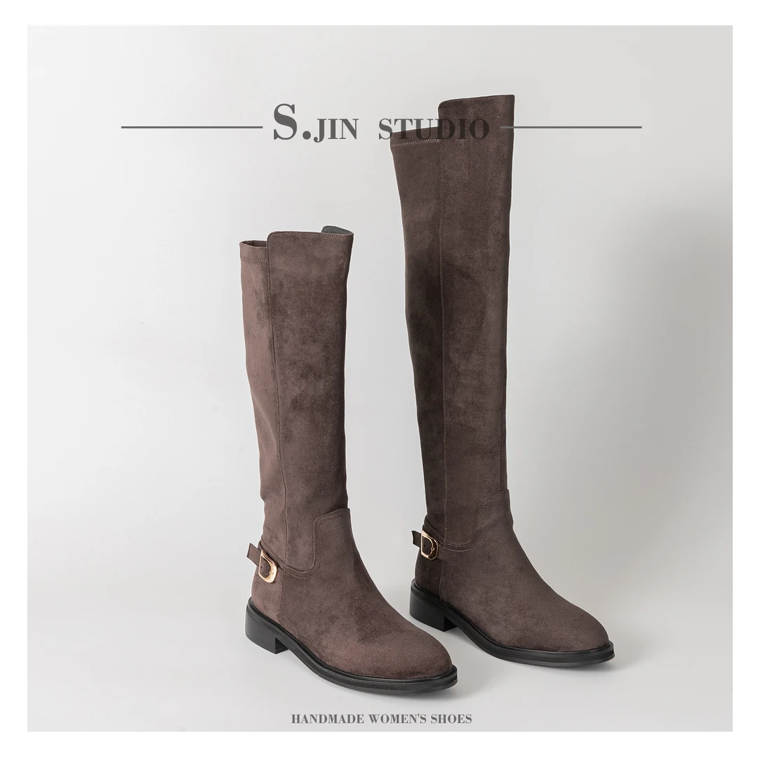 三金【巴黎限定】3.5CM 复古粗跟圆头小金扣瘦瘦靴百搭过膝长筒靴女