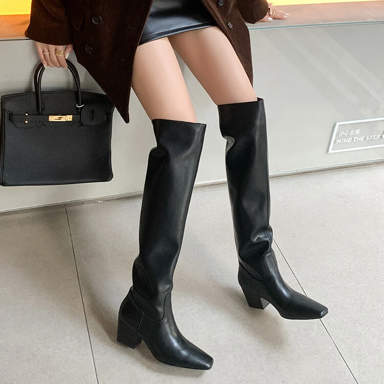 三金【三金自留】6CM 英伦风方头粗跟过膝西部靴复古显瘦百搭堆堆靴