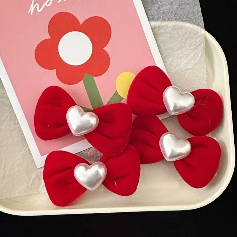 新年喜庆红色毛绒蝴蝶结银爱心鸭嘴夹甜美ins风前额刘海发卡饰品