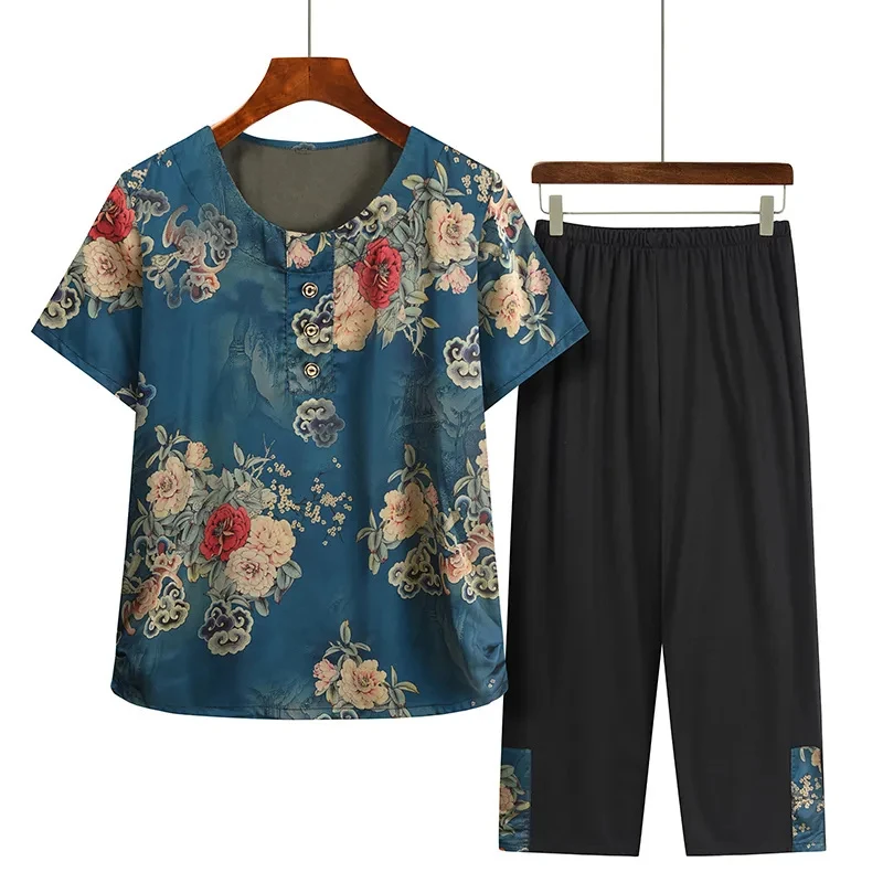 【品牌撤柜】中老年女装夏季短袖套装圆领套头宽松两件套装妈妈装