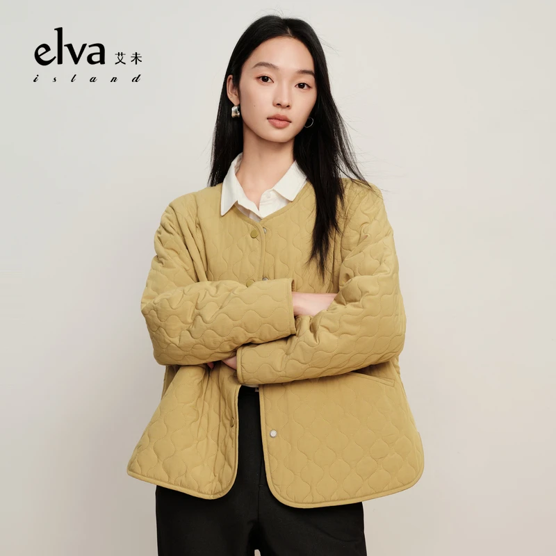 Elva’island黄色短款加棉外套女秋冬休闲简约时尚百搭