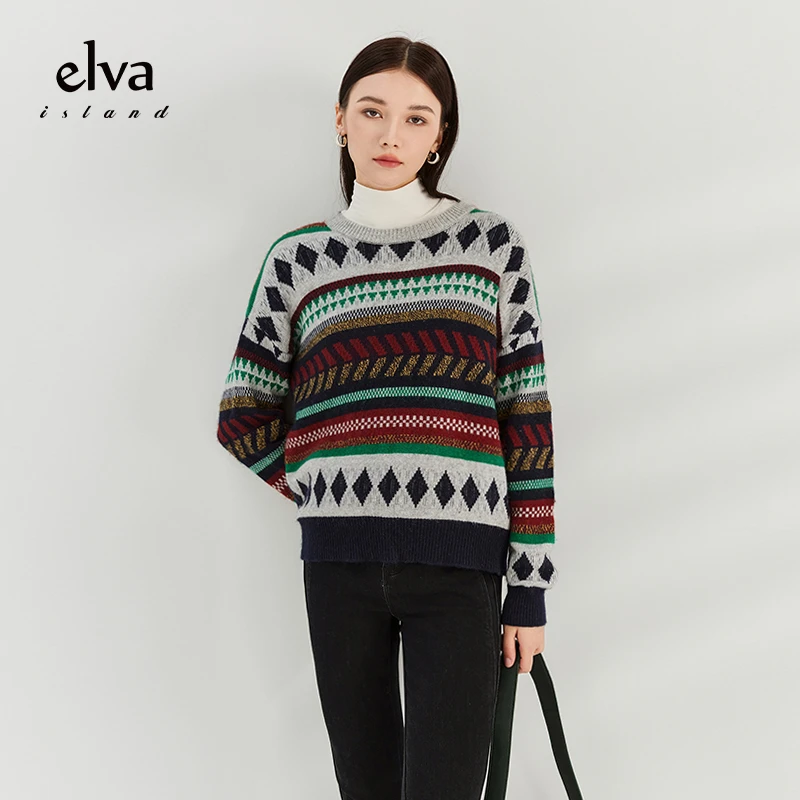 【林一专属】撞色条纹圆领毛衣女秋冬2024年洋气宽松针织上衣