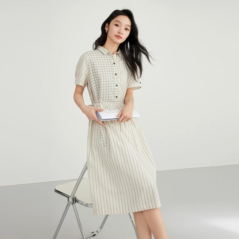 【商品】Elva’Island格纹竖纹白色连衣裙