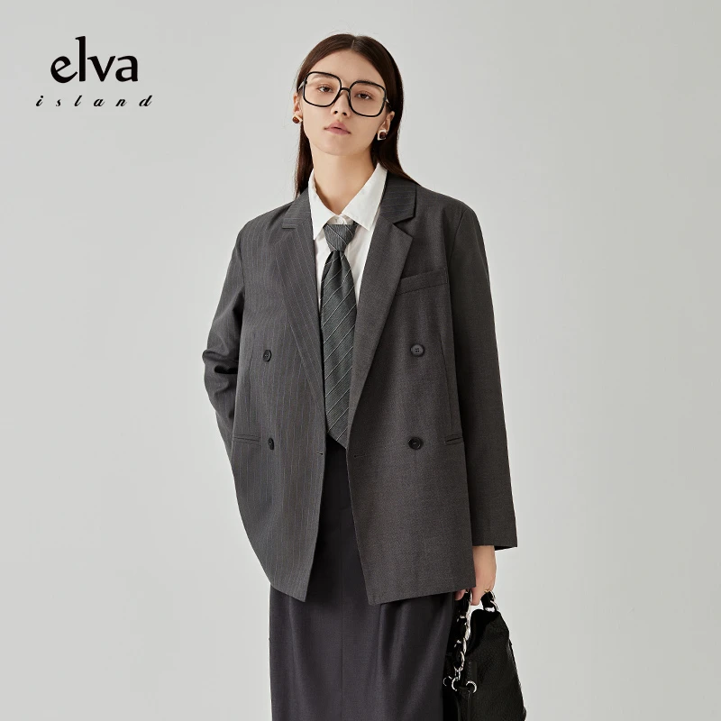 Elva'Island竖条纹宽松休闲西装外套女春秋设计感