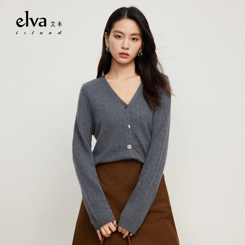 【商品】Elva'Island纯色100%羊毛V领针织开衫女春秋季上