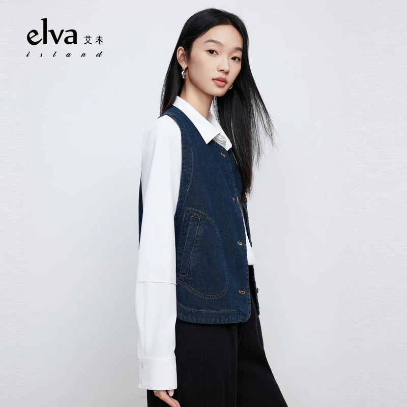 Elva'Island蓝色无袖圆领牛仔马甲女春秋休闲上衣