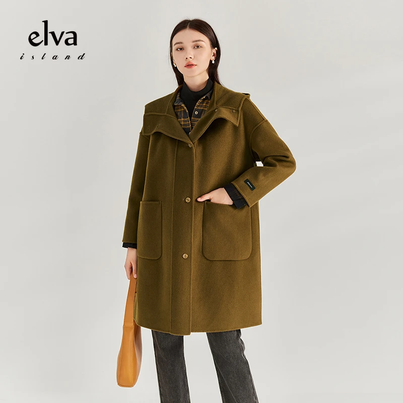 Elva' Island连帽大衣女中长双面呢大衣外套