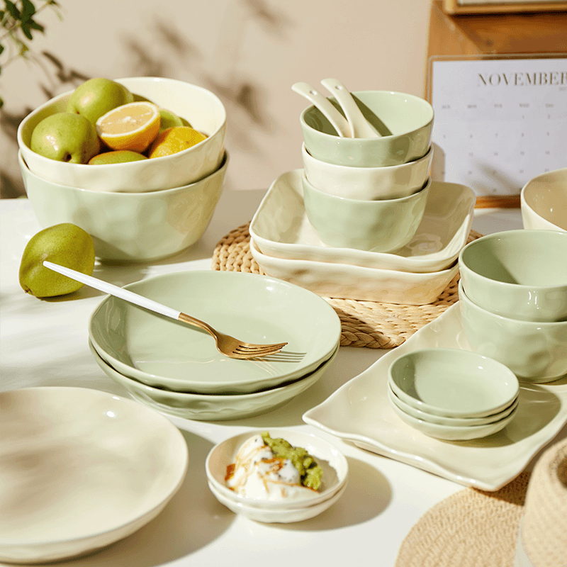 即物奶油石纹碗碟套装家用可爱乔迁送礼餐具盘子高颜值清新组合