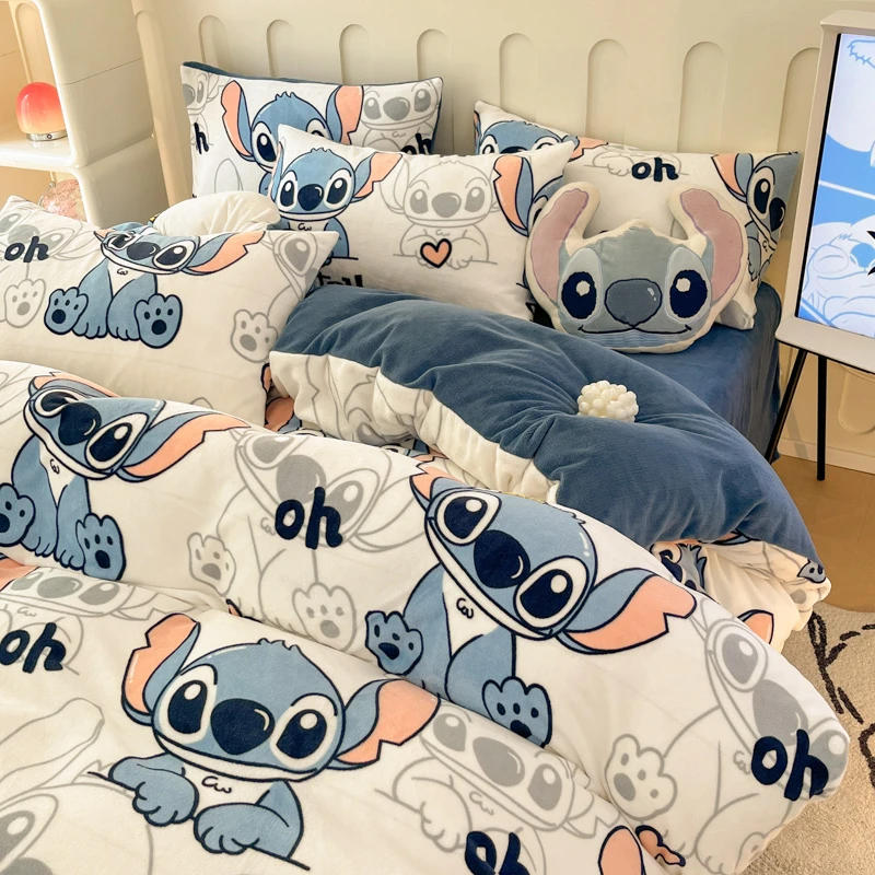 迪士尼史迪仔牛奶绒四件套冬季加厚珊瑚绒床上用品法兰绒被套床单
