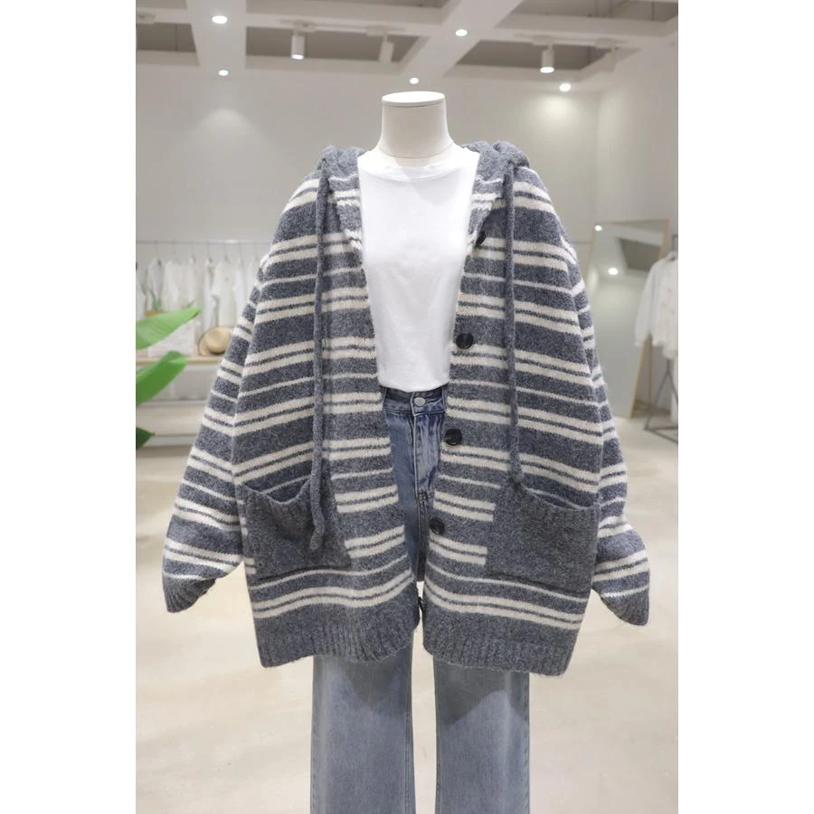 韩系慵懒风中长款连帽秋冬装宽松显瘦加厚保暖条纹毛衣针织外套女