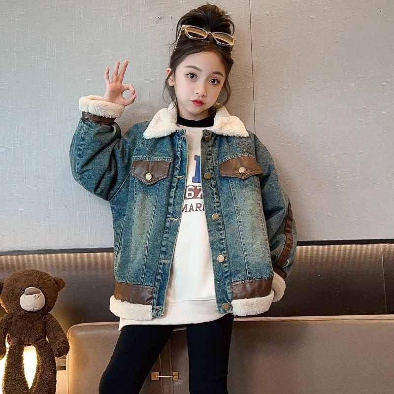女童加绒牛仔外套2024秋冬新款女大童加厚上衣儿童炸街冬装夹克潮