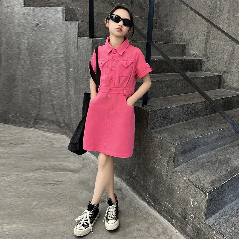 女大童连衣裙2024夏季新款洋气时尚短袖A字裙韩版修身短款牛仔裙