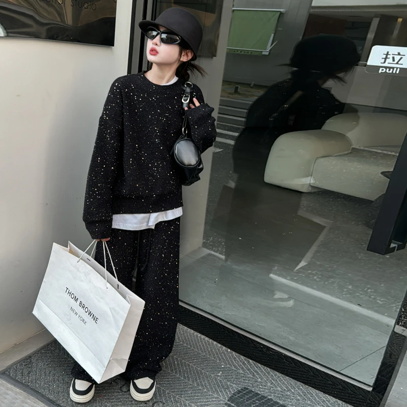 网红炸街穿搭女童2024新款大童女孩洋气时髦韩范潮服酷帅拽姐套装