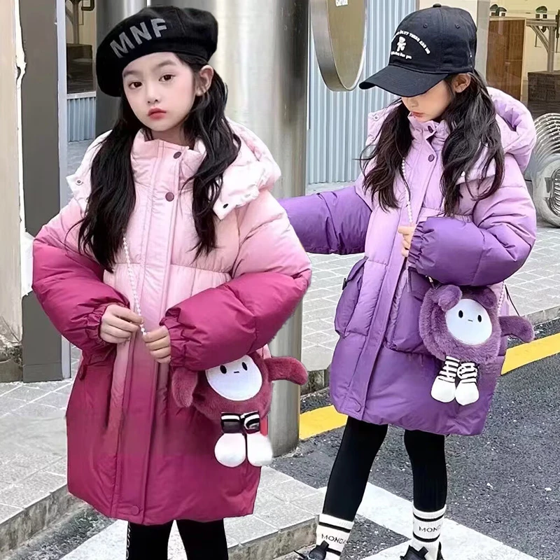 女童冬装棉衣加厚保暖女孩渐变连帽棉服中长款外套大童冬季棉袄服