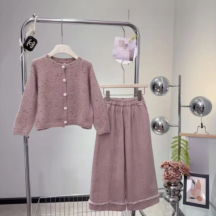 女童春秋款三件套2024中大童印花卫衣针织衫毛衣开衫阔腿裤套装潮