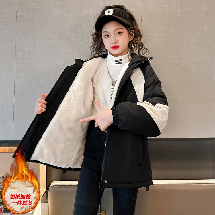 女童加绒加厚派克服2023新款洋气中大童秋冬外套儿童中长款冲锋衣