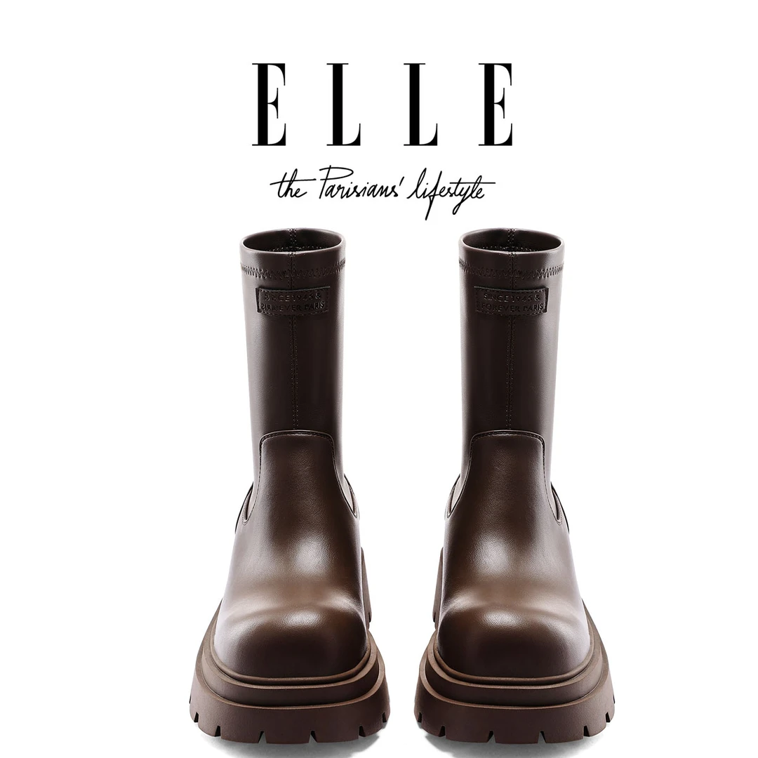 ELLE时装靴复古英伦风厚底短筒女靴2025秋季爆款黑色百搭切尔西靴