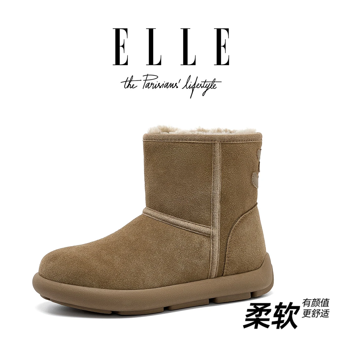 ELLE官方正品雪地靴女棉鞋加绒加厚小个子2025爆款网红高颜值短靴