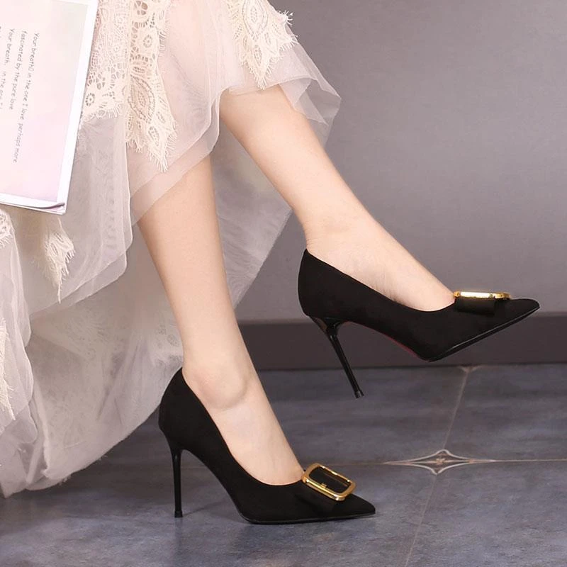 新款707 61高跟鞋仙女风百搭绒面小清新春秋季少女细跟金属扣单鞋