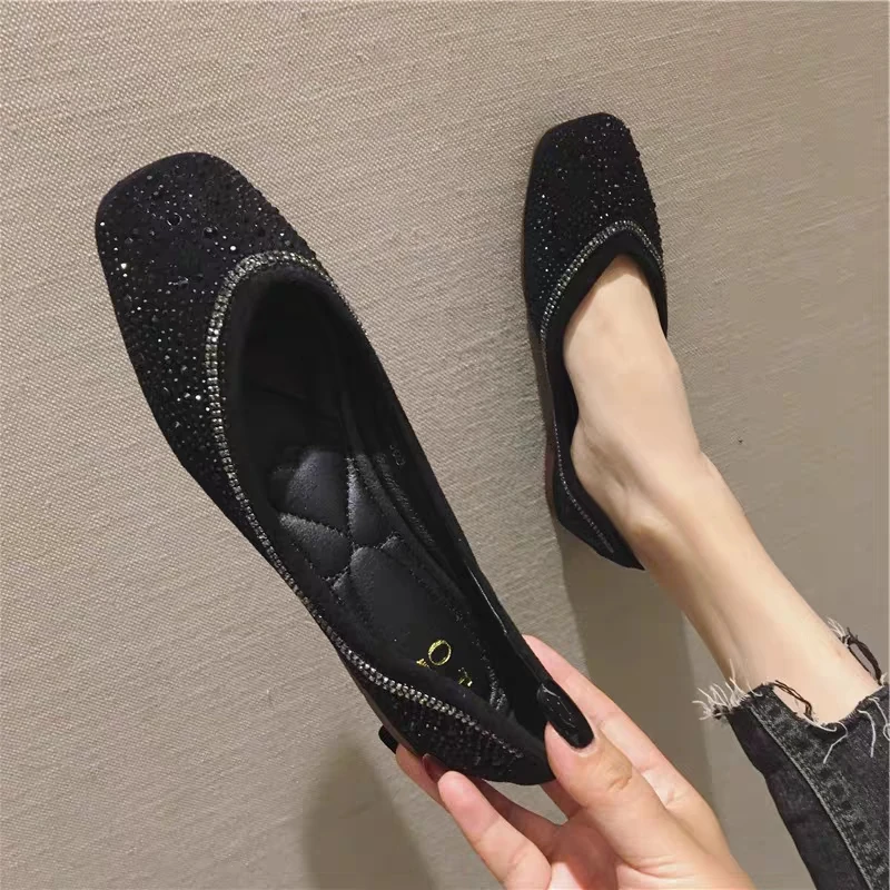 508-25春秋新款时尚百搭方头浅口平底仙女风久穿不累脚水钻单鞋