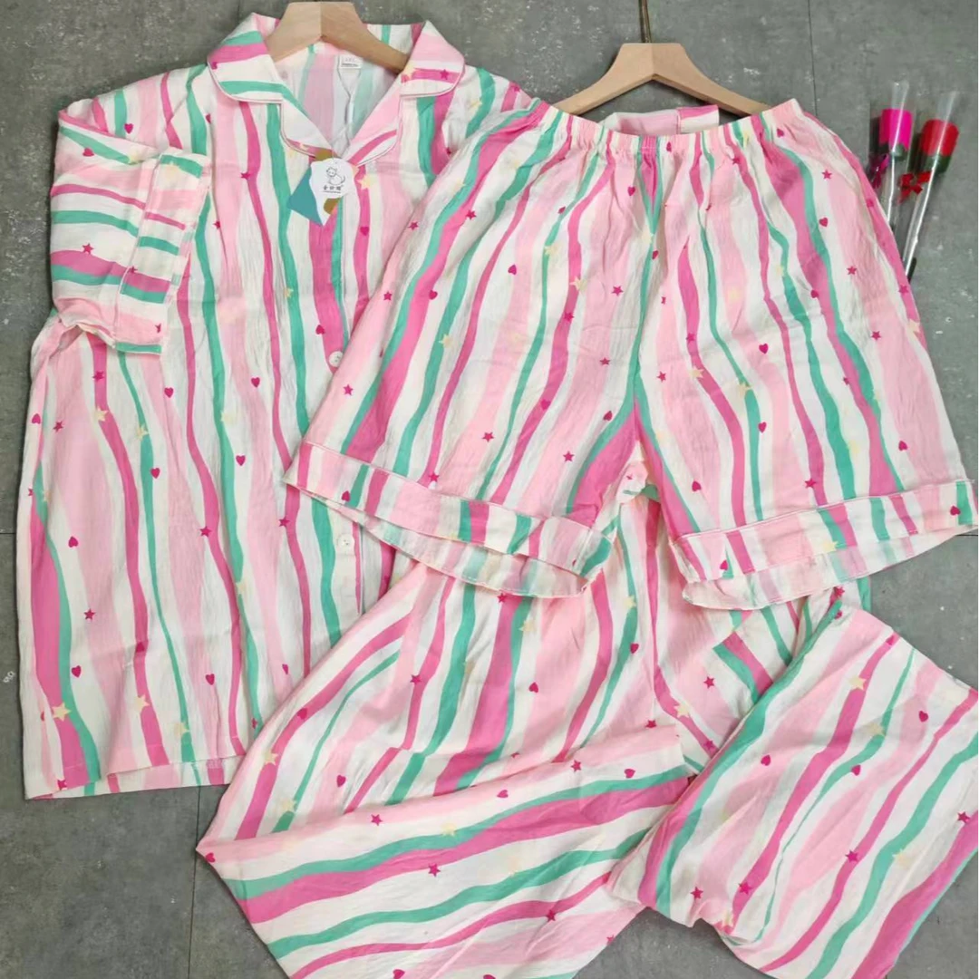 250斤睡衣女三件套多巴胺夏季薄款加肥加大凉爽梭织年轻舒适外出